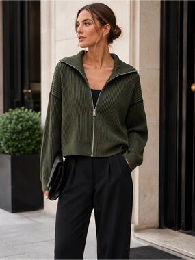Varley Olive Ribbed Zip Jacket with Silver Hardware